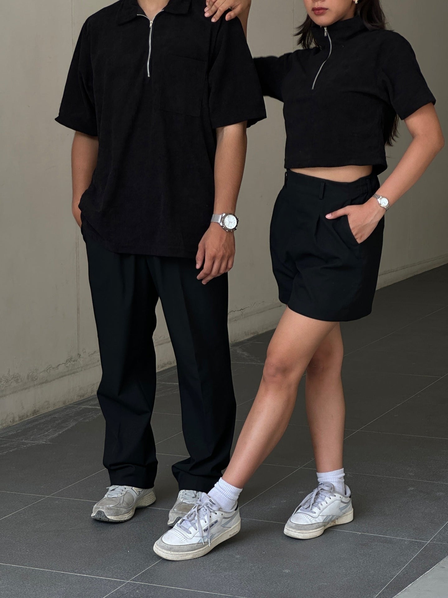 Corduroy Crop-top Quarter Zip Polo Shirt Black SPADES