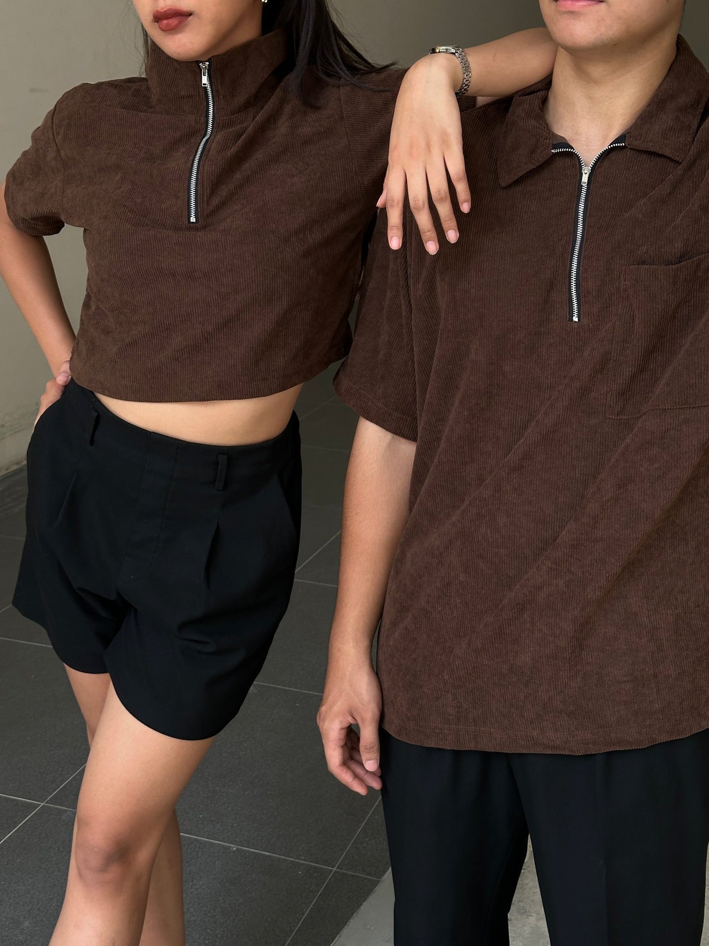 Corduroy  Quarter Zip Polo Shirt Choco Brown SPADES