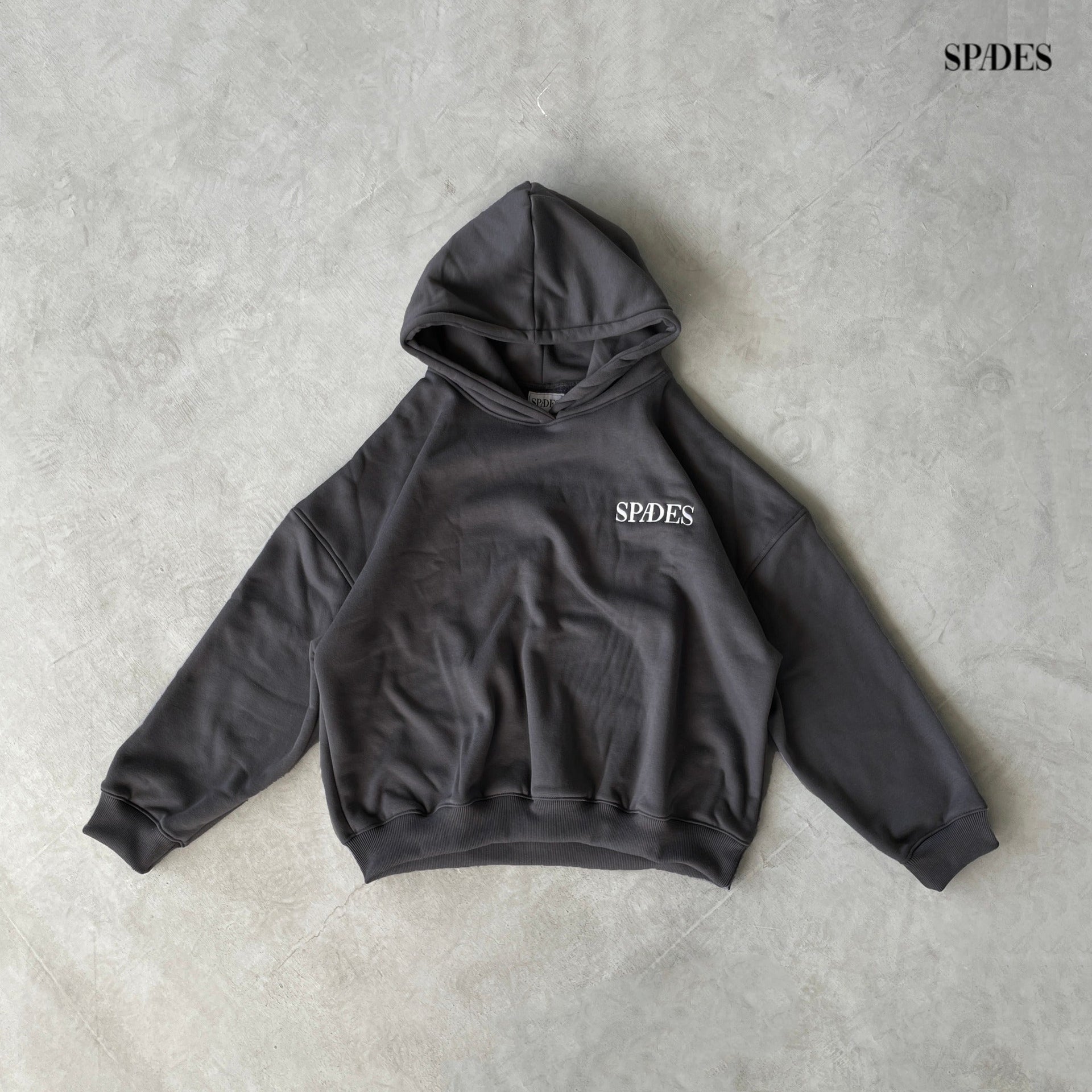 Spades Monochrome Embro Logo Boxy Hoodie Dark Gray SPADES